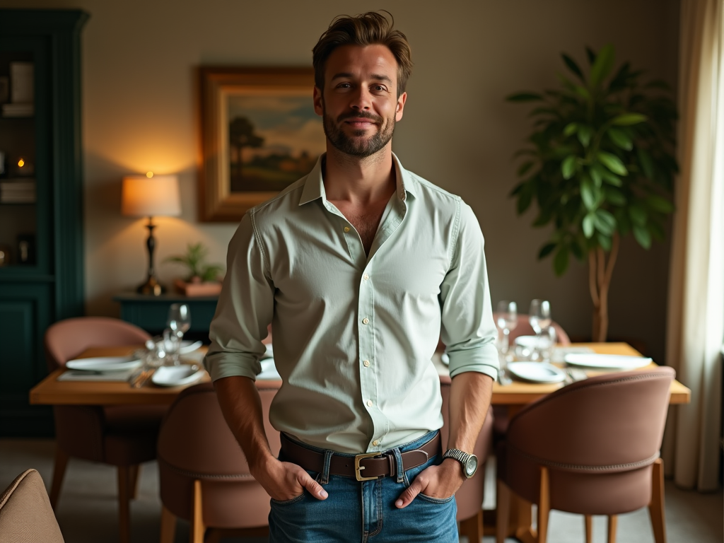 Smiling man in a light green shirt standing in a stylish dining room.