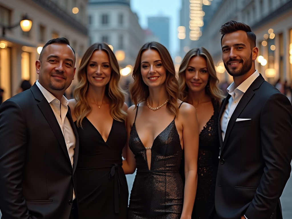 Three men and two women dressed in elegant evening wear smiling on a city street at dusk.