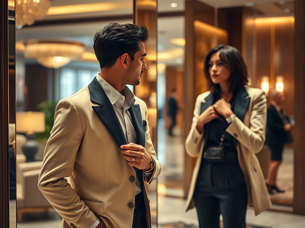 A stylish man and woman reflect in a mirror, dressed in elegant suits, in a luxurious hotel lobby.