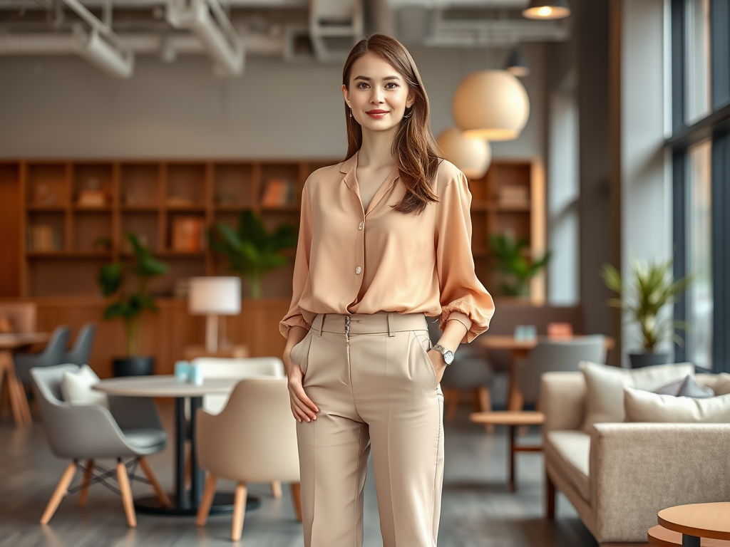 A woman in a peach blouse and beige trousers stands confidently in a stylish, modern café setting.