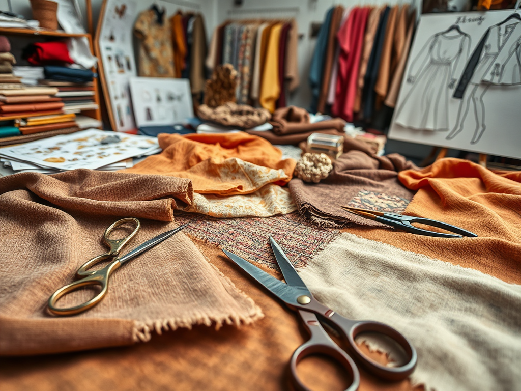 A workspace filled with colorful fabrics and scissors, alongside sketches and design materials for fashion creation.