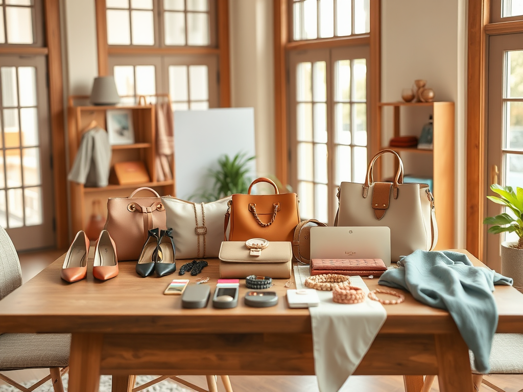 A stylish display of handbags, shoes, accessories, and a laptop arranged neatly on a wooden table in a bright room.