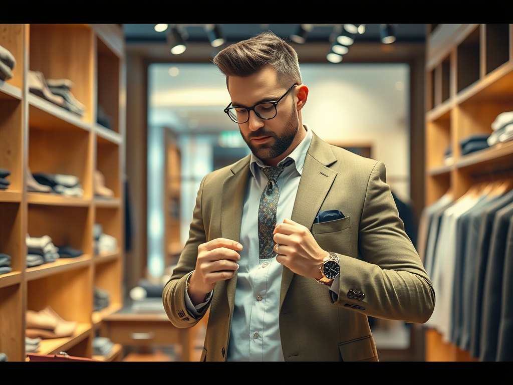 A well-dressed man in a suit adjusts his tie in a stylish clothing store surrounded by neatly arranged apparel.