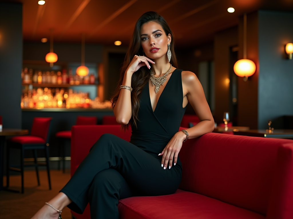 Elegant woman in black dress sitting in a stylish bar with a thoughtful pose.