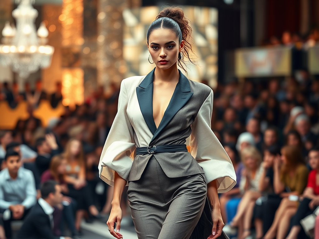 A model walks down the runway in a stylish outfit, showcasing elegant fashion to an engaged audience.