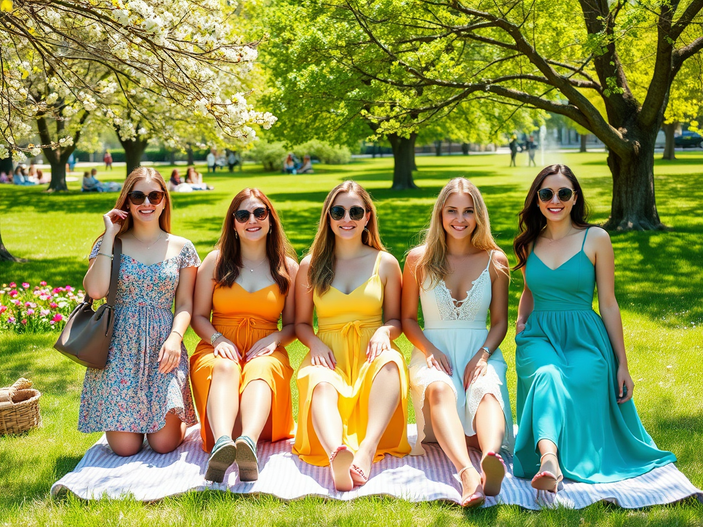 A group of five women in colorful summer dresses sitting on a blanket in a sunny park, surrounded by green trees.