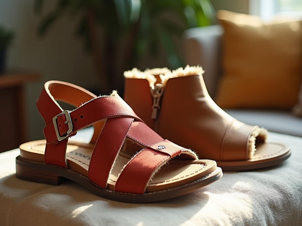 Red sandals and a brown boot in a sunlit room, emphasizing cozy and stylish footwear.