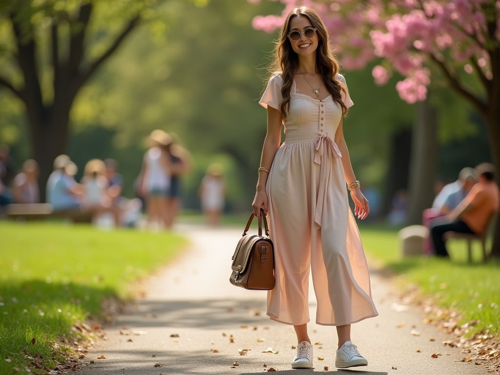 Woman in a chic summer outfit walking on a park path with sunglasses and a handbag.