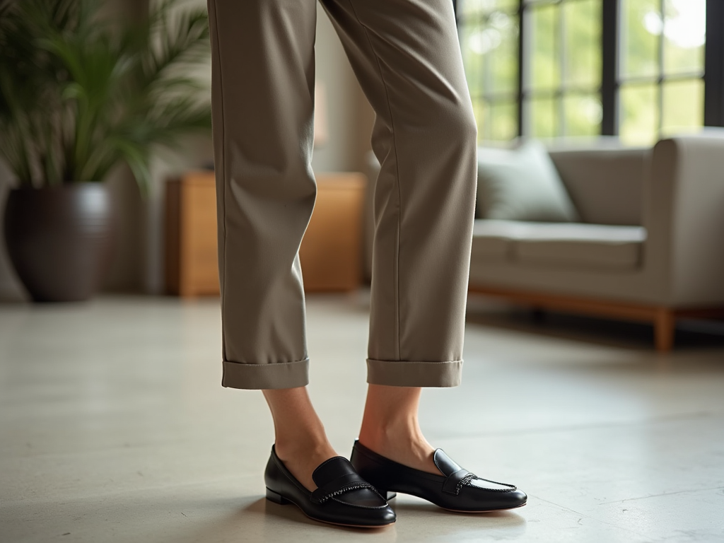 Person wearing beige trousers and black loafers in a modern room.