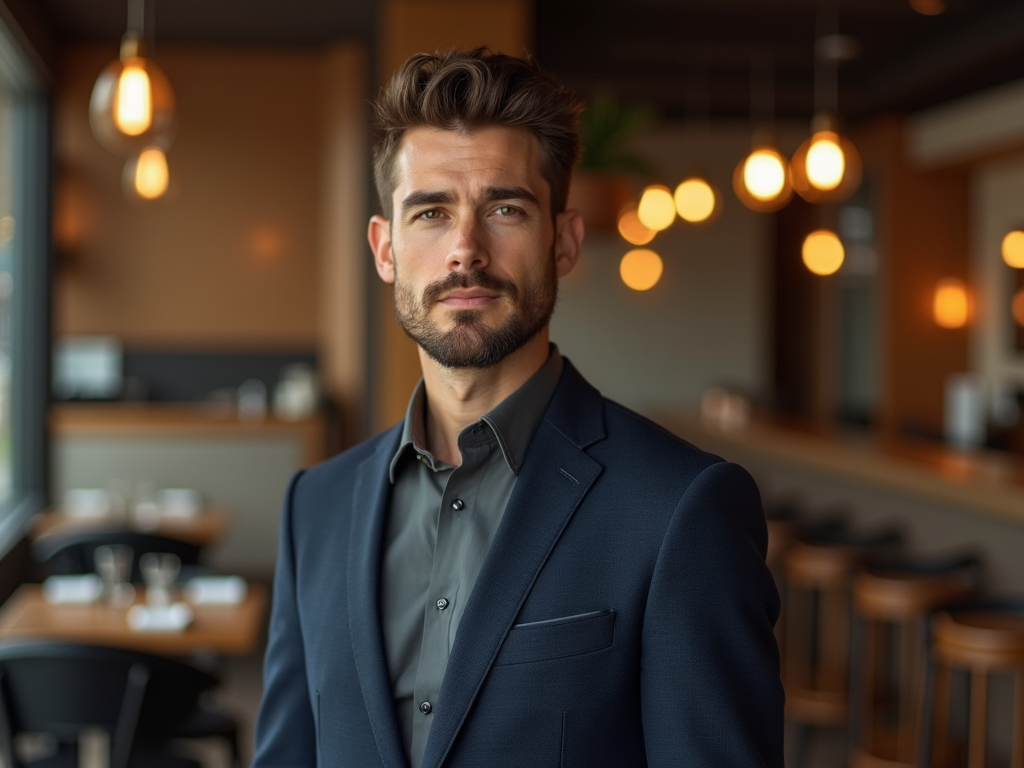 Confident businessman in a dark suit standing in a modern cafe with warm lighting.