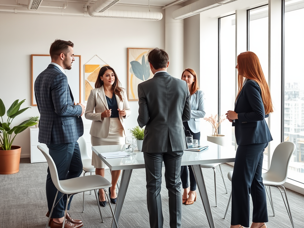 A group of five professionals in business attire engaged in a discussion around a conference table in a modern office setting.